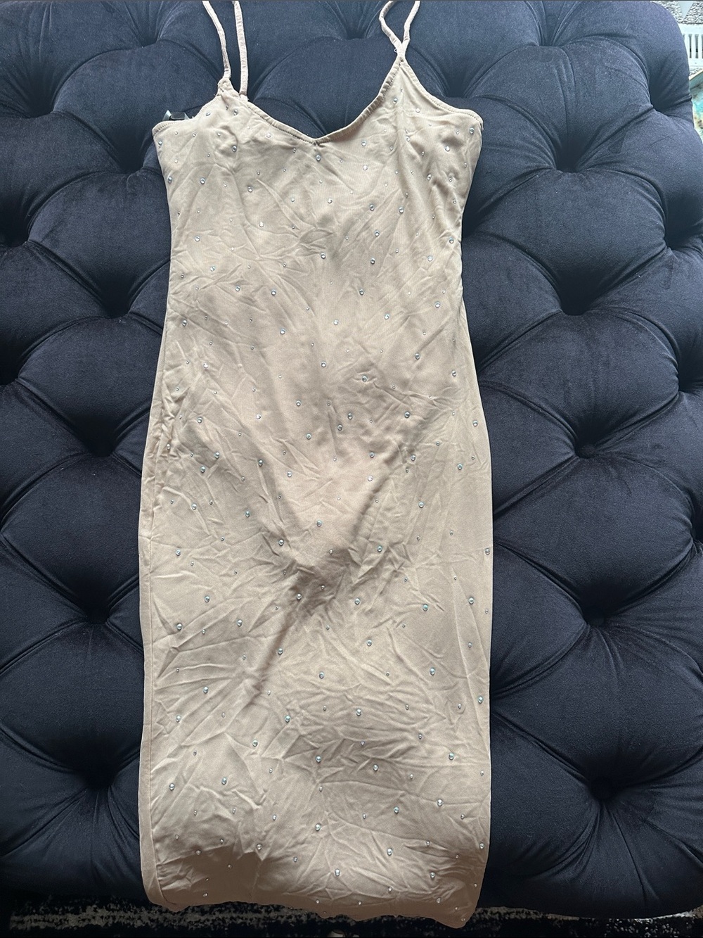Beaded Nude Slip Dress with Spaghetti Straps